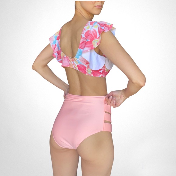 NEW ♡ ROSA BLUSH Floral Ruffle High Waisted Bikini SET - Picture 4 of 5